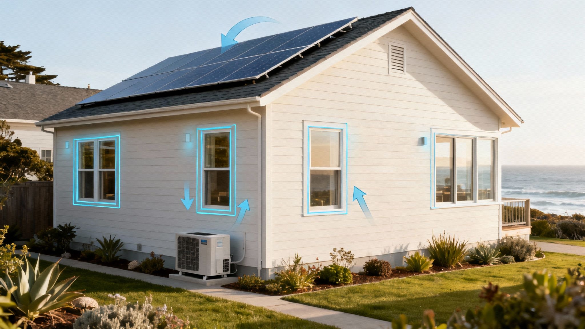 A diagram showing how energy-efficient windows reduce strain on a home's HVAC system.