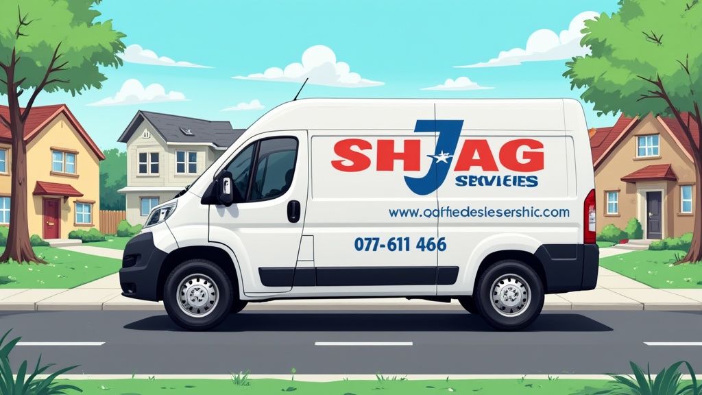 A professionally wrapped HVAC service van parked in a residential neighborhood, showcasing clear branding and contact information.