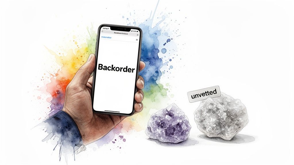 A hand holds a smartphone displaying 'Backorder' next to a purple and an 'unvetted' gray crystal.