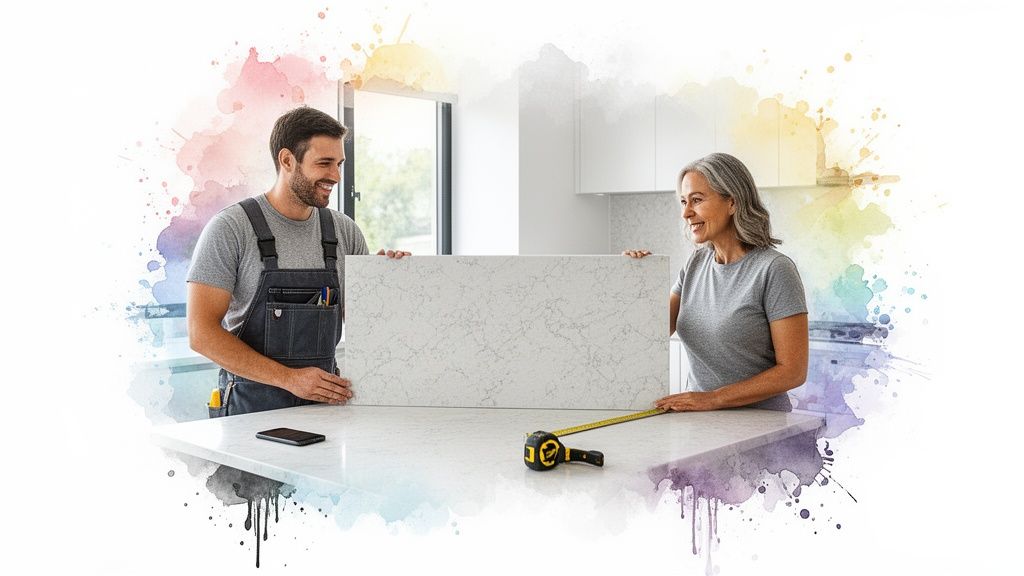 A male contractor and a female homeowner happily holding a quartz countertop slab in a kitchen.