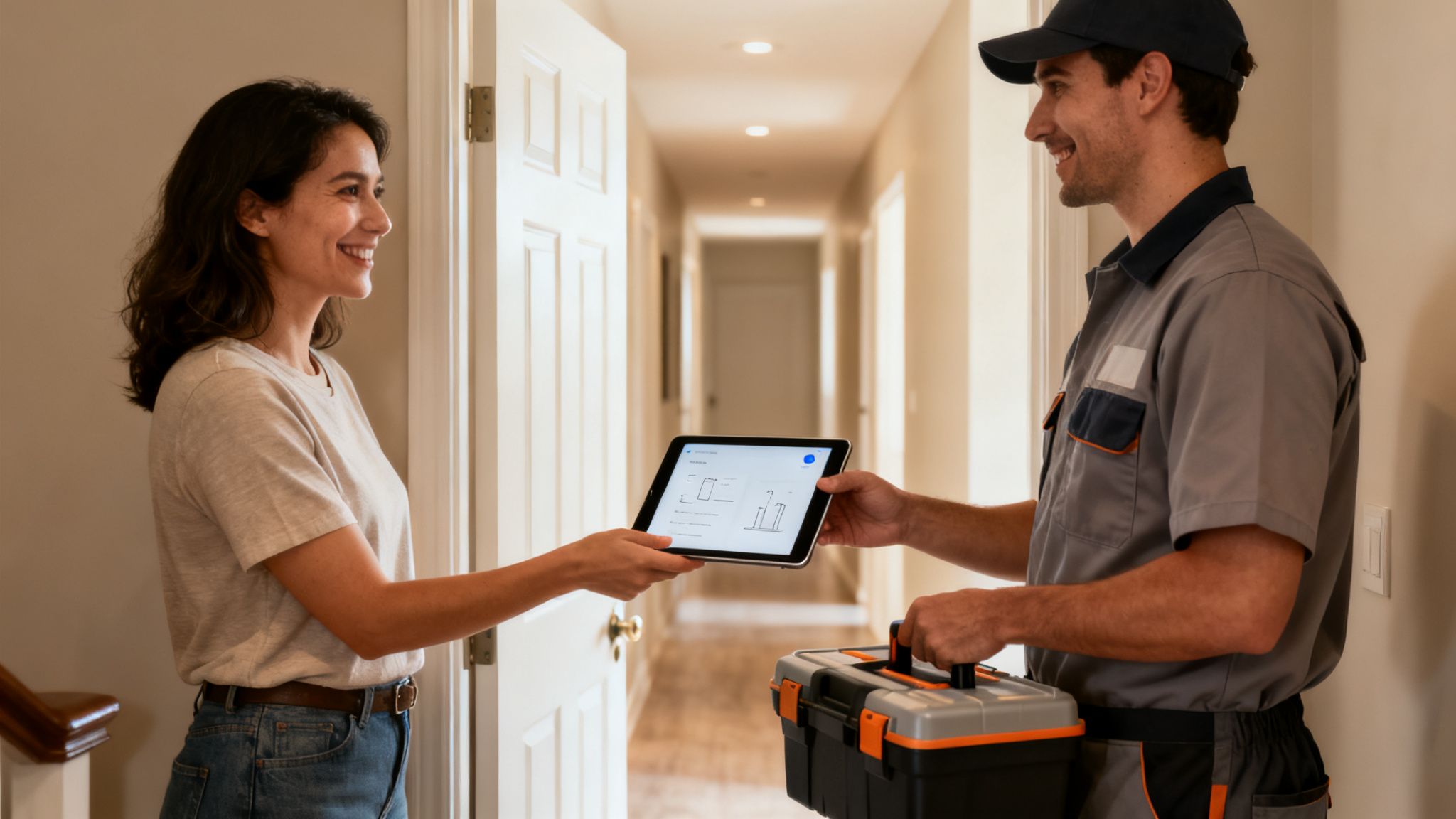 A smiling woman at her doorway receiving a tablet from a male service technician.
