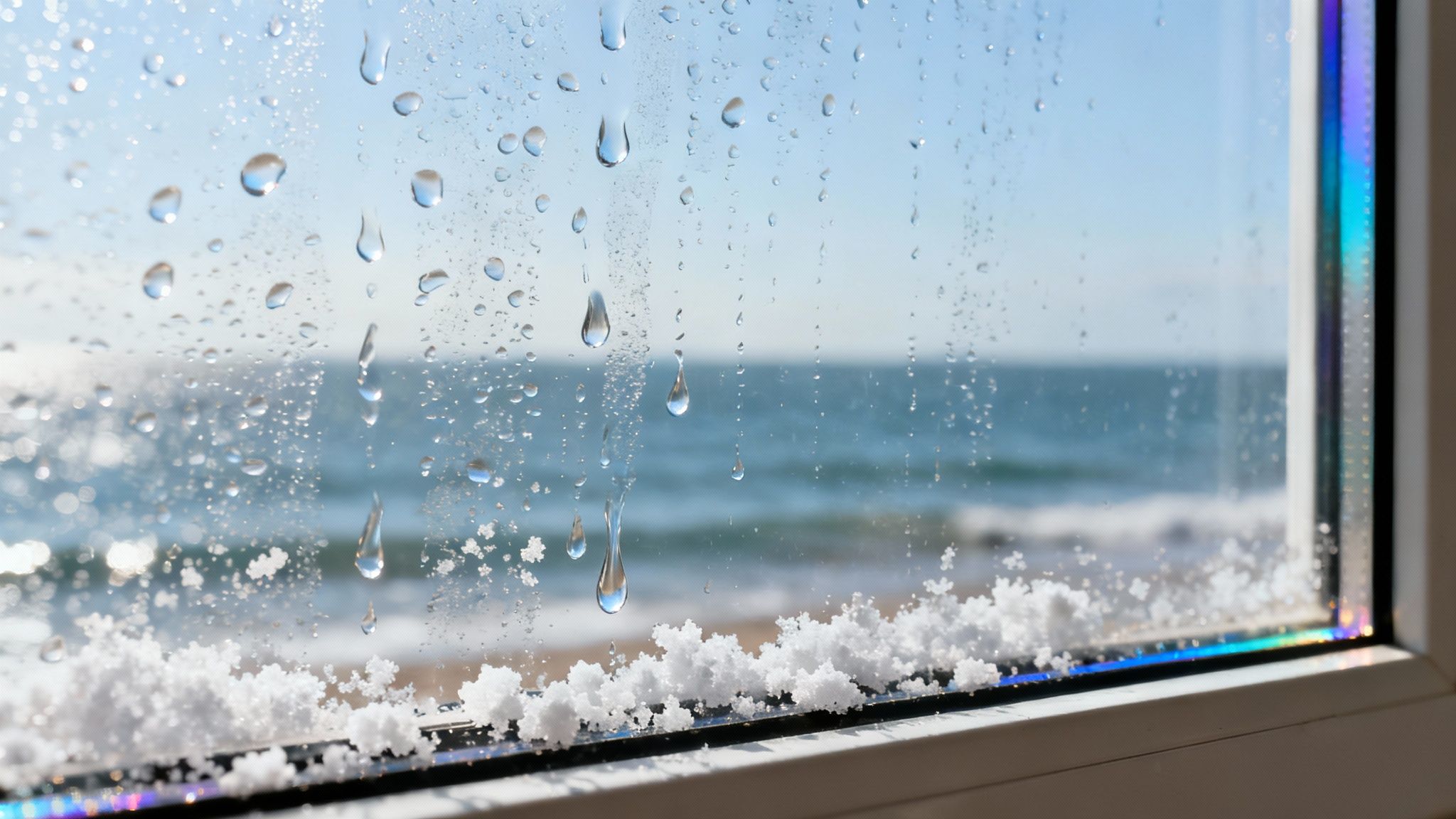 Water droplets and salt crystal buildup on coastal window glass overlooking ocean beach view