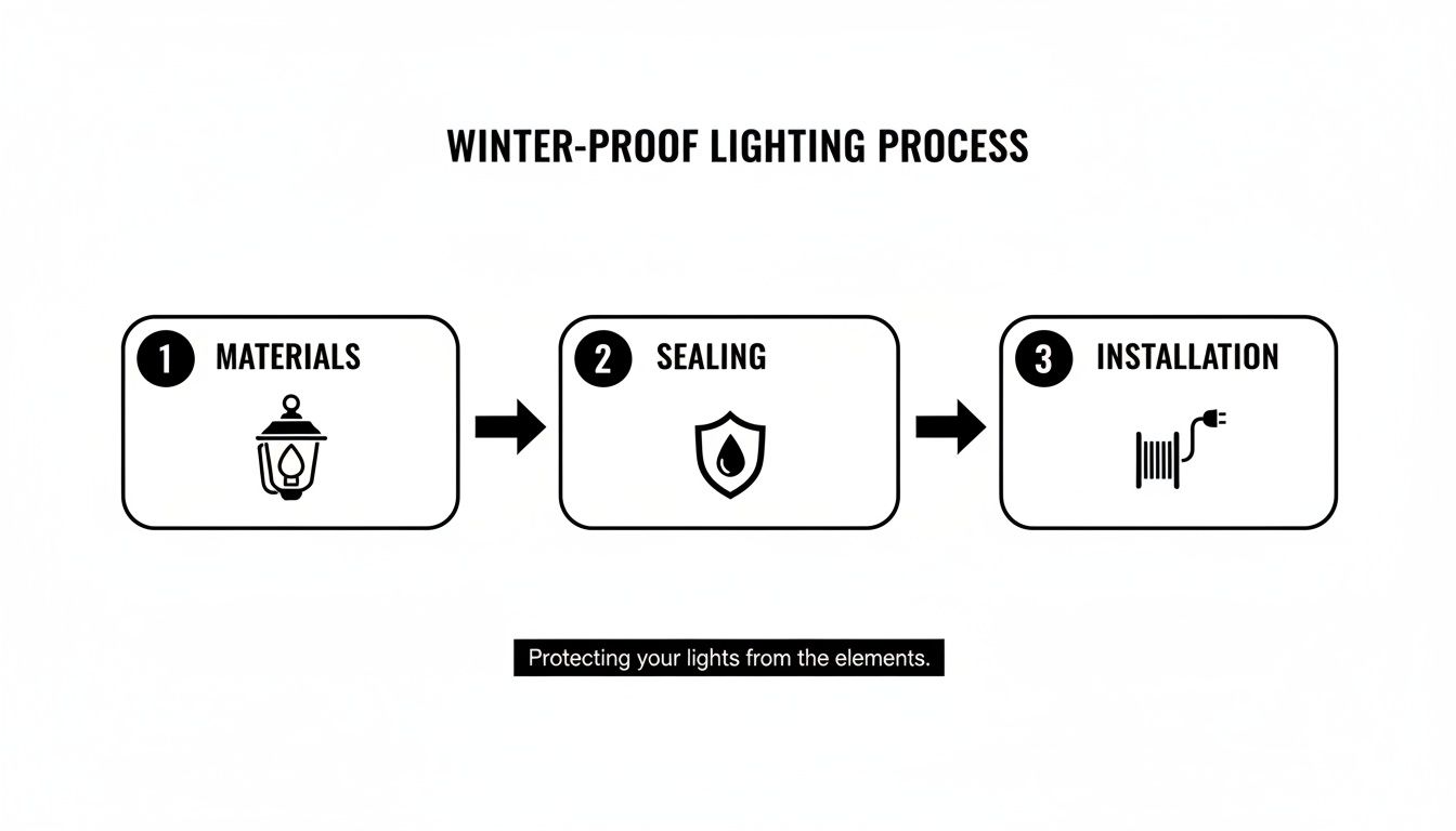 Diagram showing the three-step winter-proof lighting process: materials, sealing, and installation.