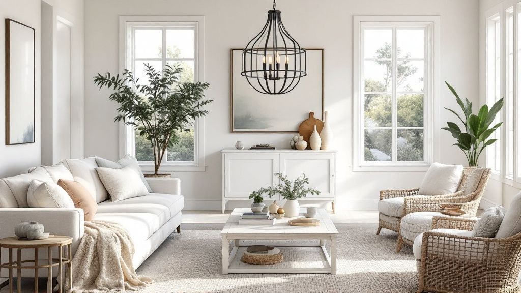 A rustic wrought iron chandelier in a Spanish-style home in Carmel, CA