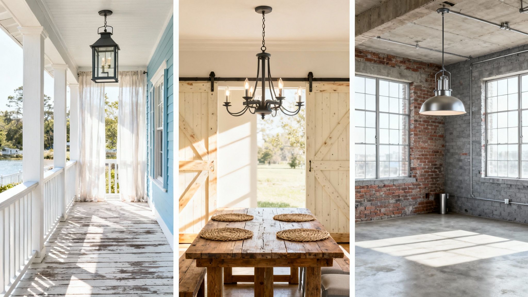 A collection of Hinkley lighting fixtures in various styles, showcasing coastal, farmhouse, and industrial designs.