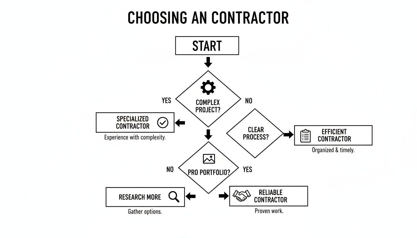 Flowchart for choosing a contractor, considering project complexity, process clarity, and portfolio.