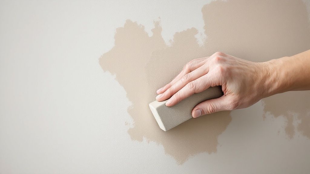 A close-up of a hand using a sanding block to smooth a drywall patch, demonstrating the fine, dusty work required for a seamless blend.