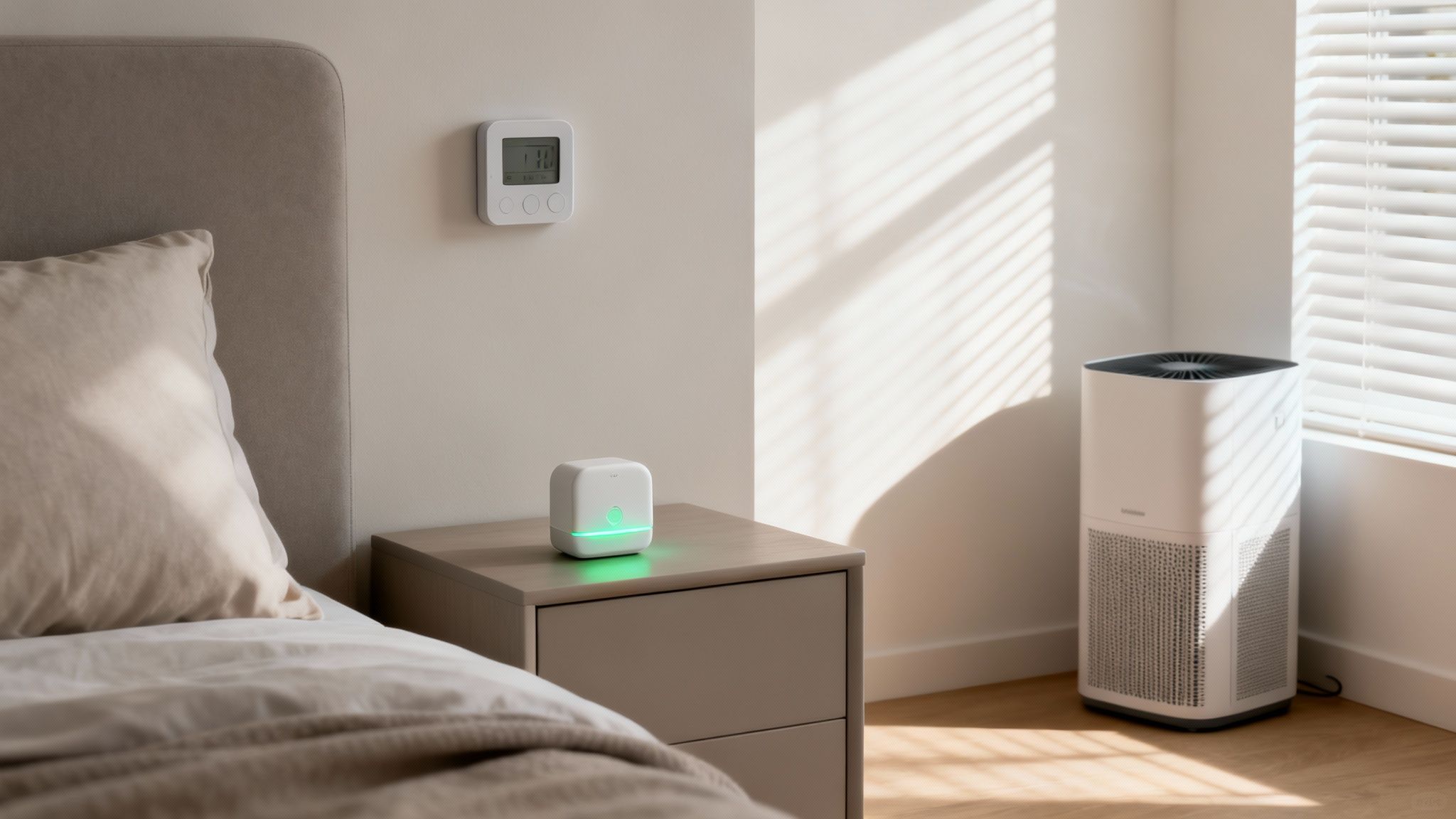 4 Smart Building Moves for Bay Area Remodels in 2026 3 A cozy bedroom featuring smart home technology, including a glowing green sensor, thermostat, and air purifier.