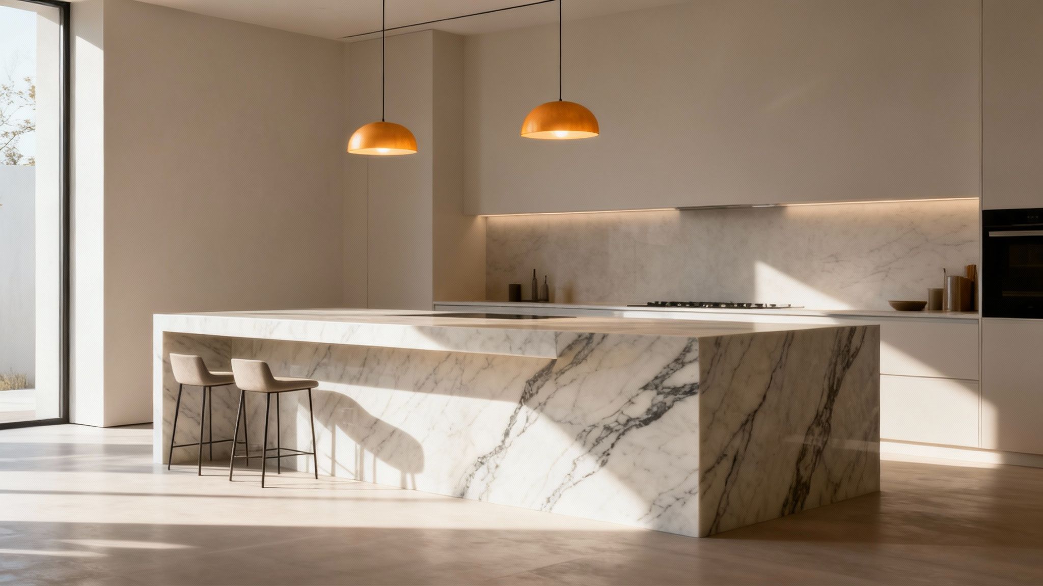A modern kitchen with a large marble island, bar stools, and two gold pendant lights.