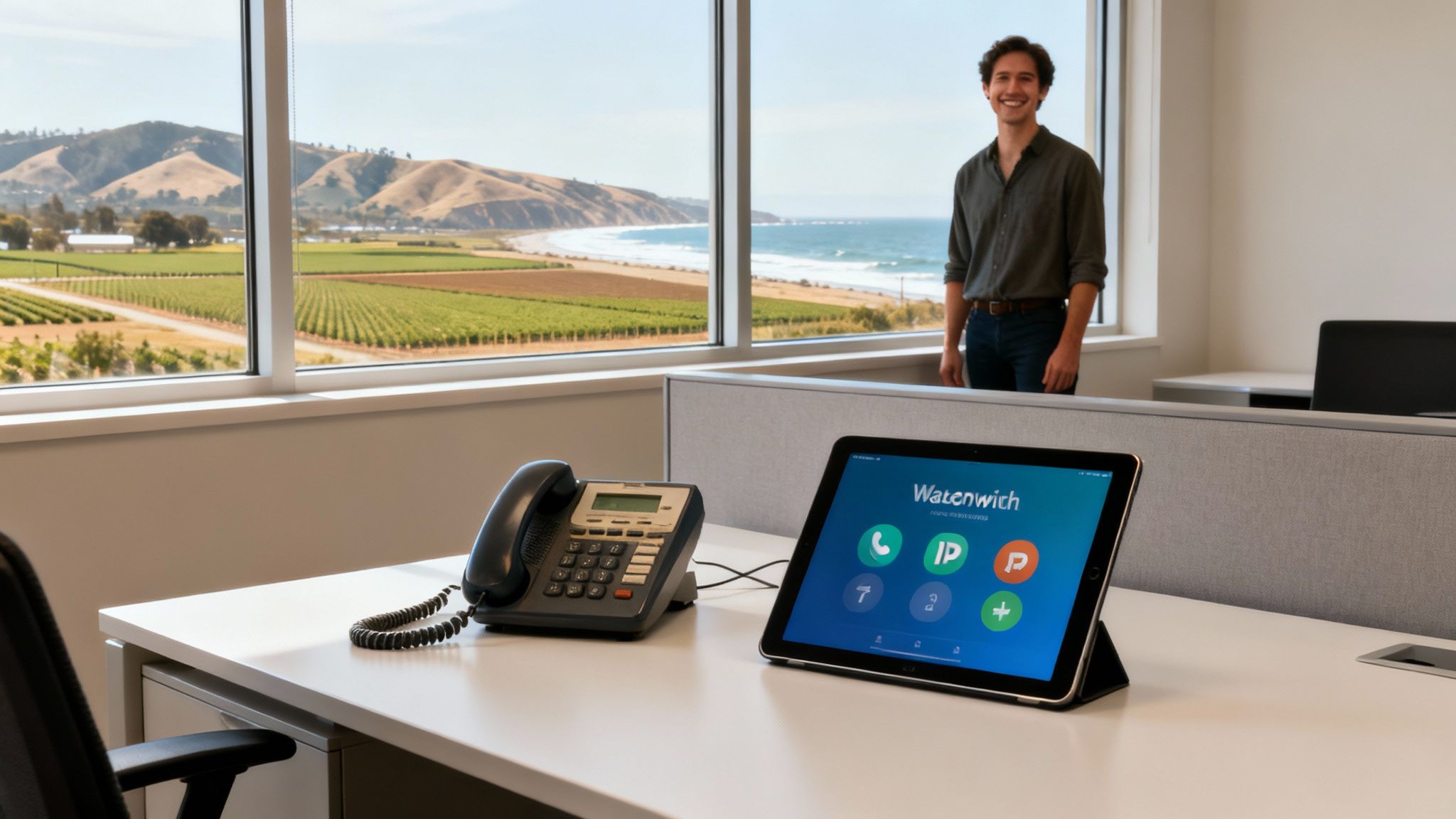 Office desk with phone, VoIP tablet, and a man by a window overlooking a coastal vineyard.