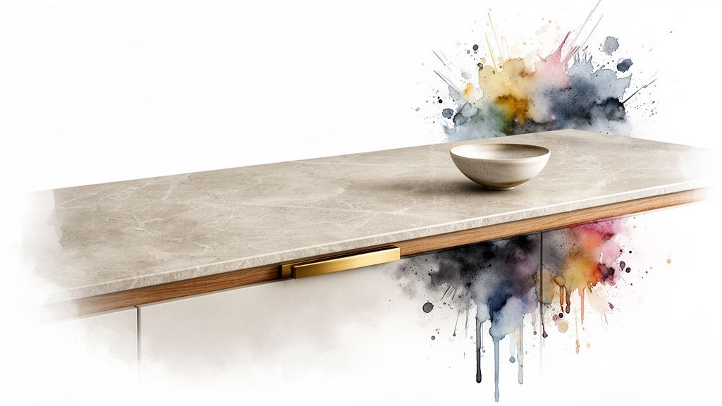 A sleek stone kitchen countertop with a gold handle and a ceramic bowl, enhanced by colorful watercolor splashes.