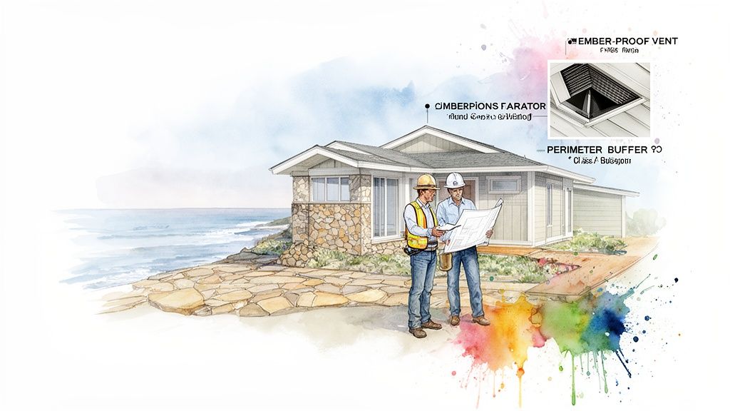 Two construction workers review blueprints for a coastal home with wildfire safety features.