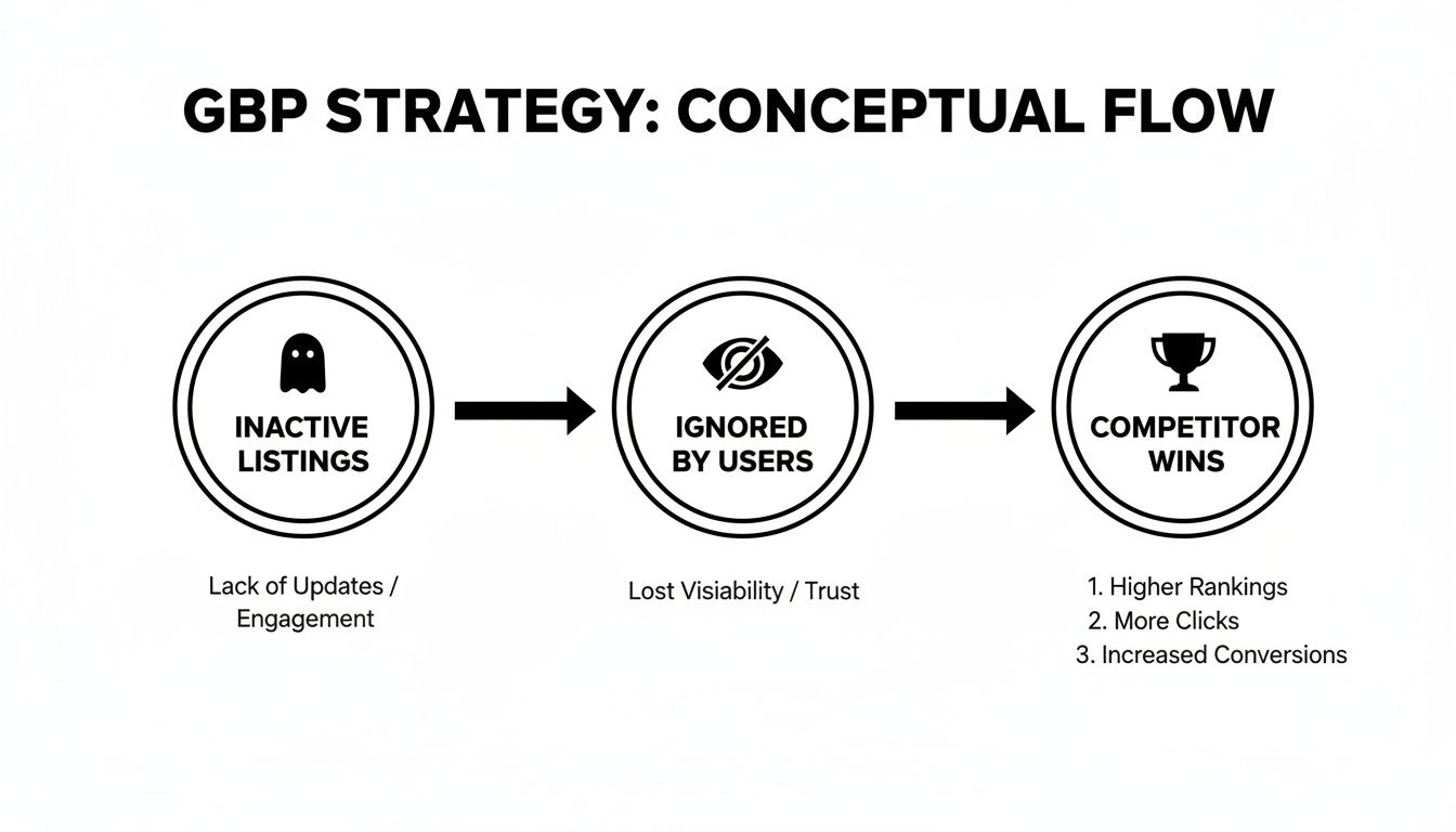 A conceptual flow diagram illustrating how inactive Google Business Profile listings lead to being ignored by users and competitors winning.