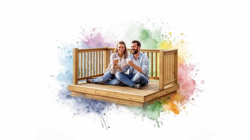 A happy couple sits on a wooden deck, enjoying coffee amidst colorful watercolor splashes.