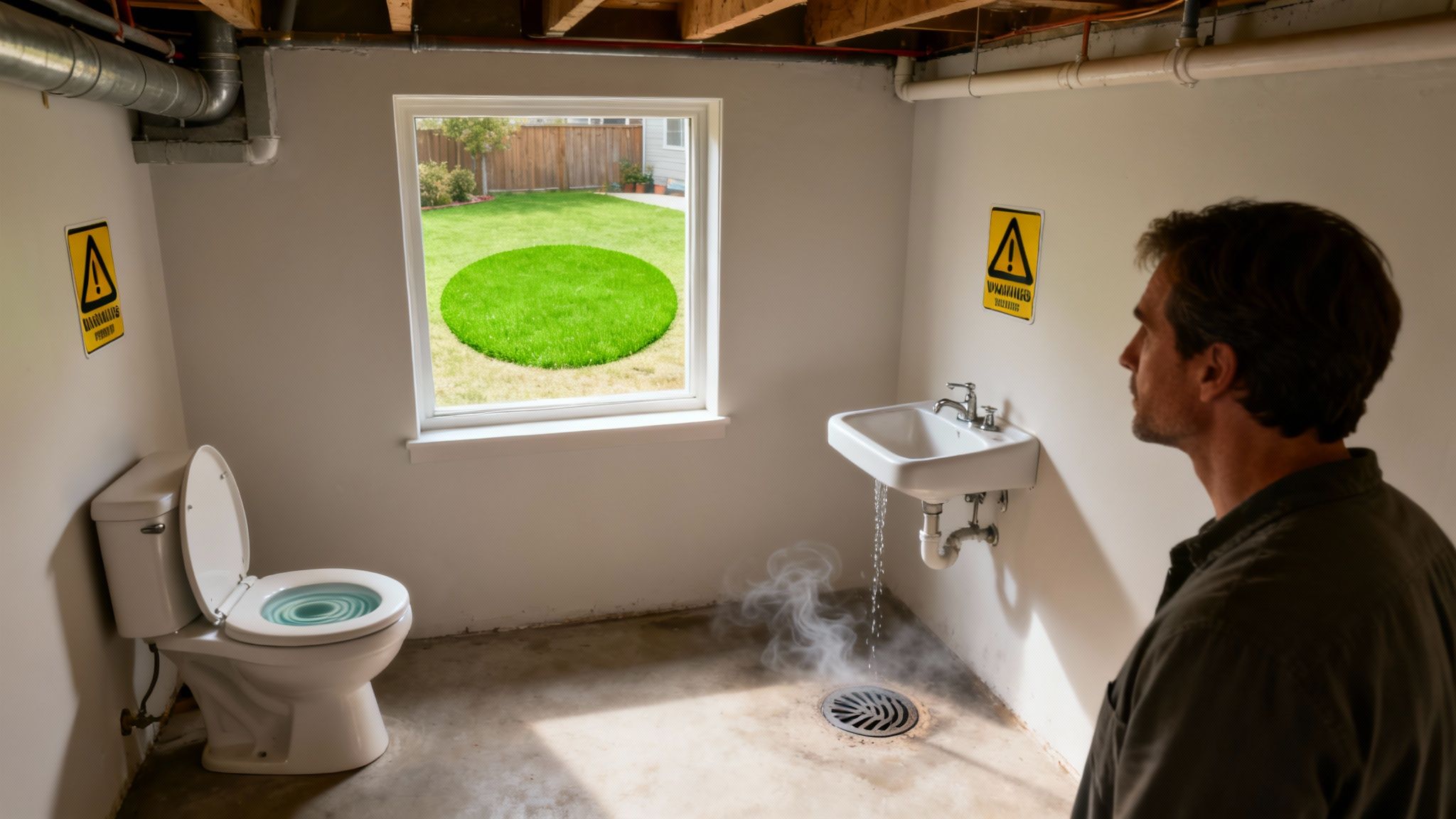 Man observing a leaky sink, smoking drain, and swirling toilet water in a peculiar basement setting.