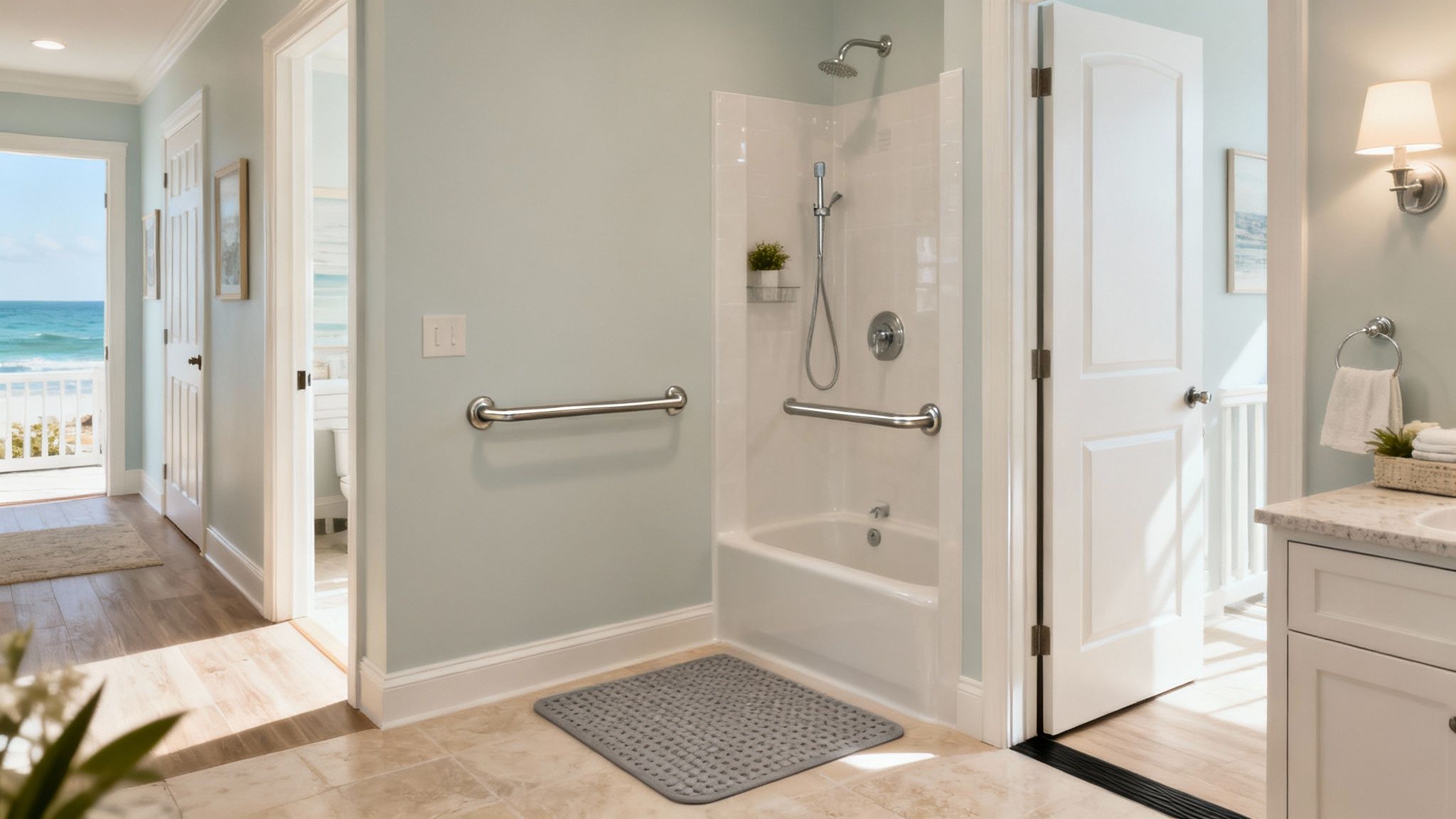 A home health professional helps an elderly woman with her walker in a bright living room.