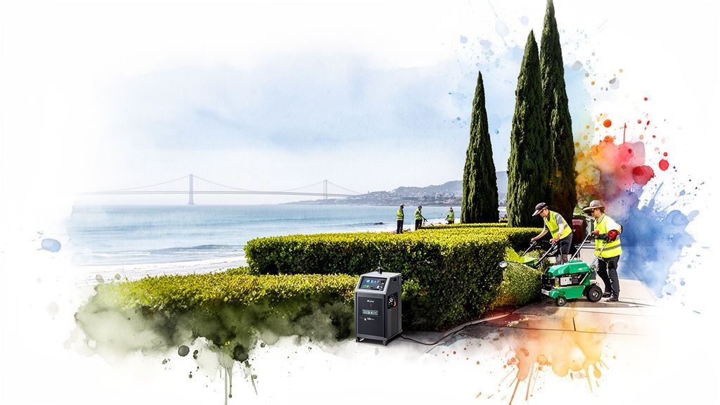 Professional landscapers using battery-powered hedge trimmers and power station by the ocean.