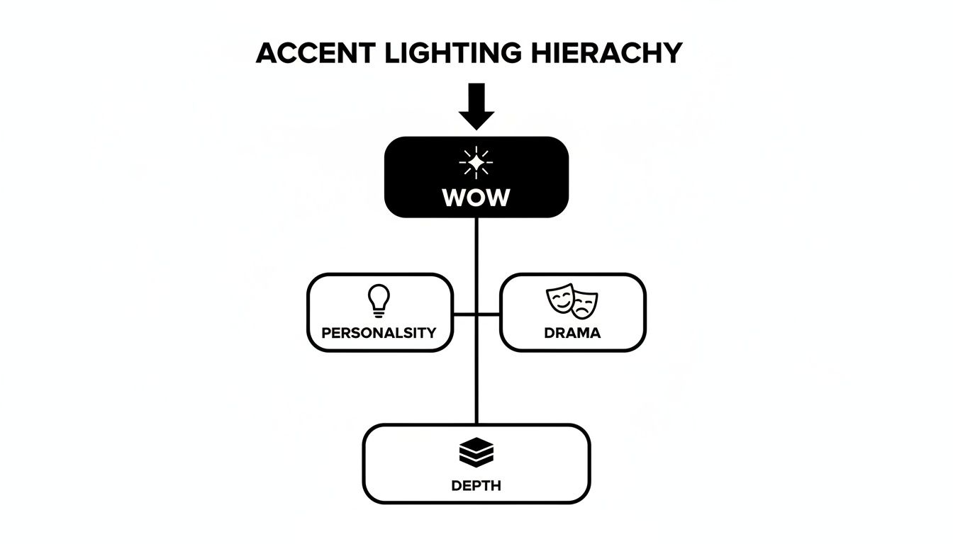 A diagram illustrating the accent lighting hierarchy, starting with 'WOW', branching to 'PERSONALITY' and 'DRAMA', and ending with 'DEPTH'.