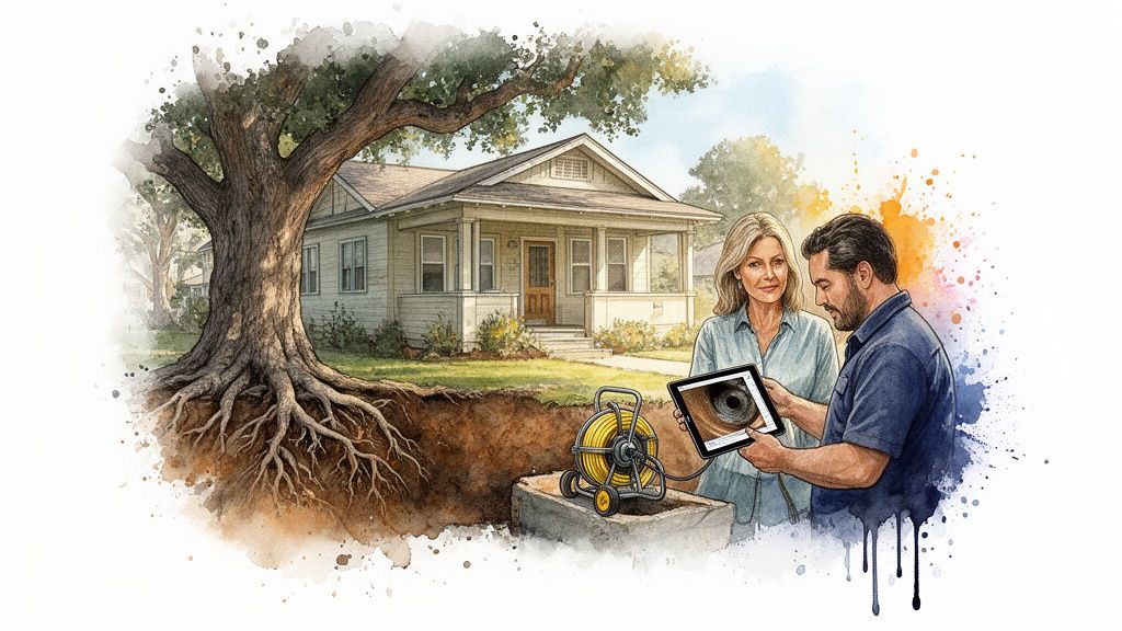 Illustration of a couple examining a sewer pipe inspection on a tablet, with a tree roots near their home.