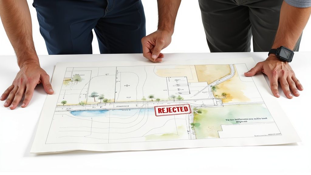 Two men's hands on a table, reviewing a rejected site plan or blueprint for an excavation project.