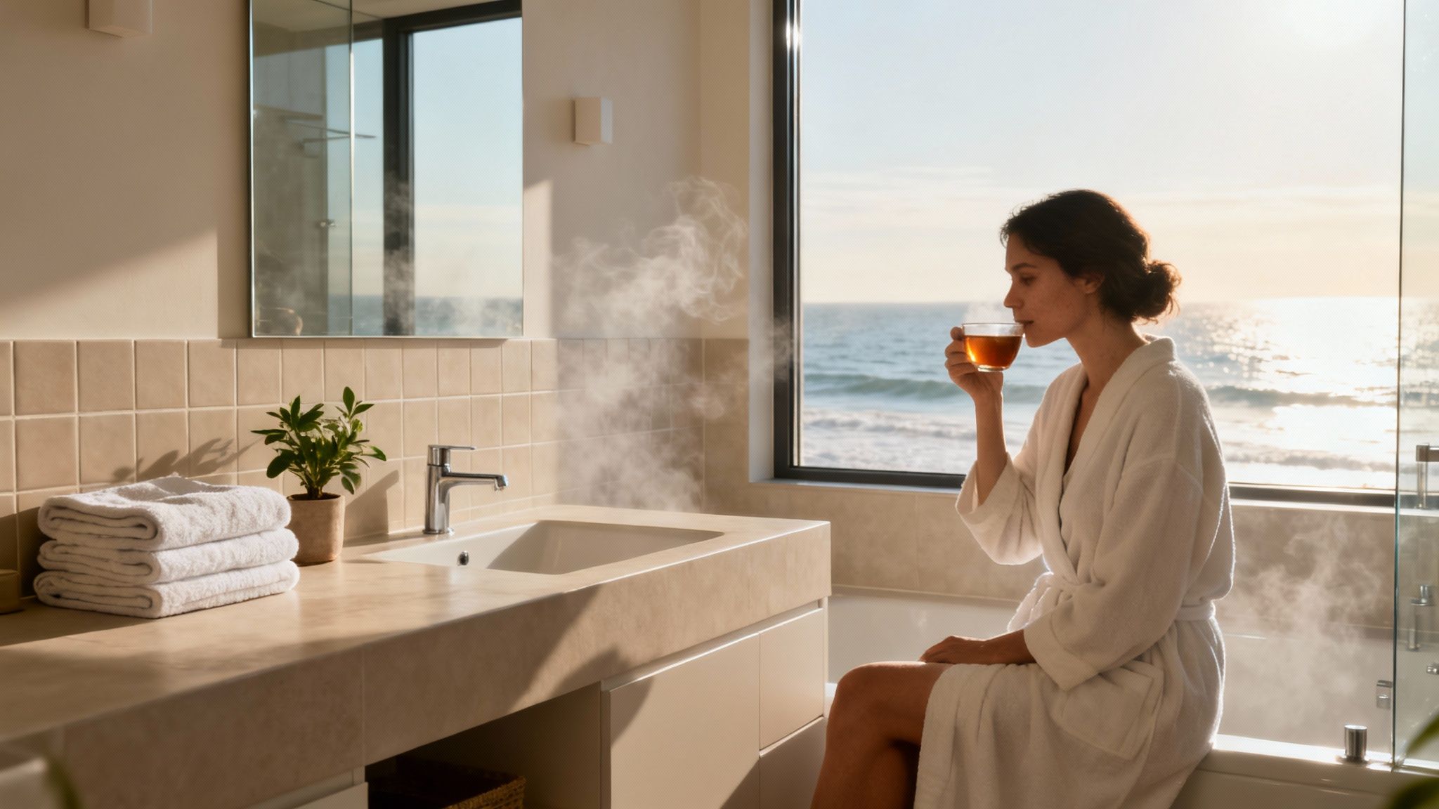 A woman in a white bathrobe sips tea in a steamy bathroom with an ocean view.