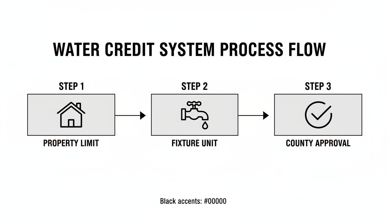 Water credit system process flow diagram showing steps from property limit to county approval.