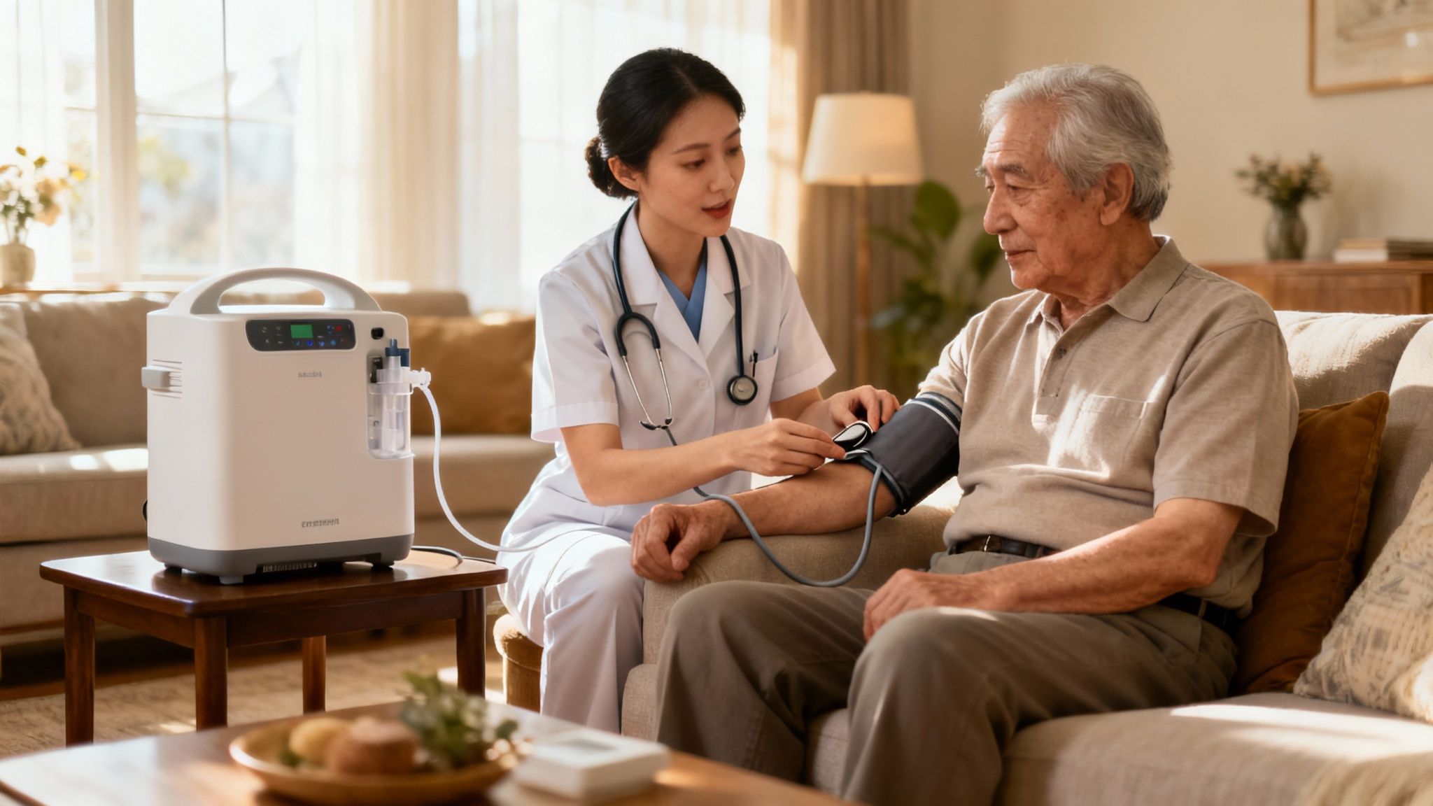 A kind nurse checks an elderly man's blood pressure at home, an oxygen concentrator nearby.
