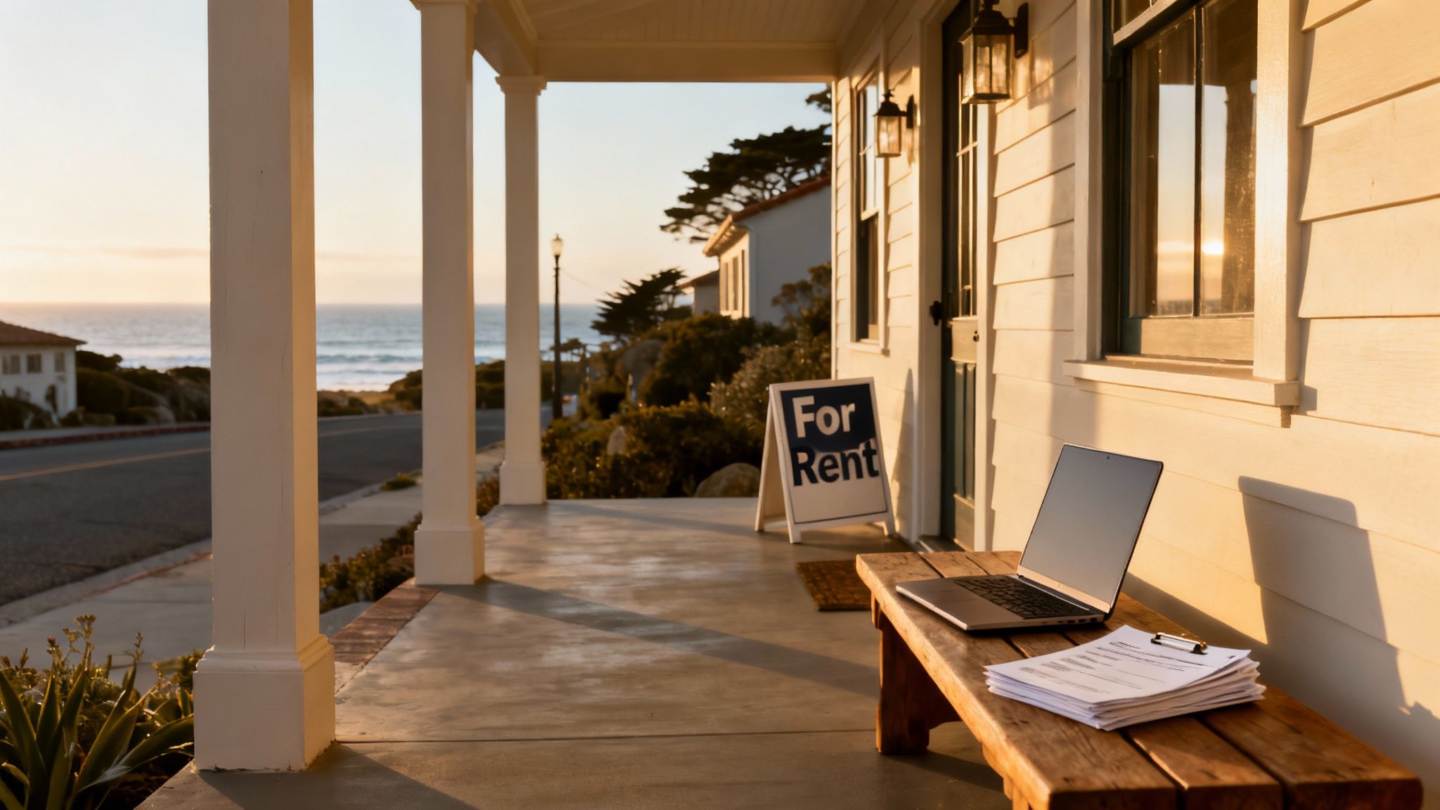 Laptop and documents on a porch bench next to a "For Rent" sign by the ocean.