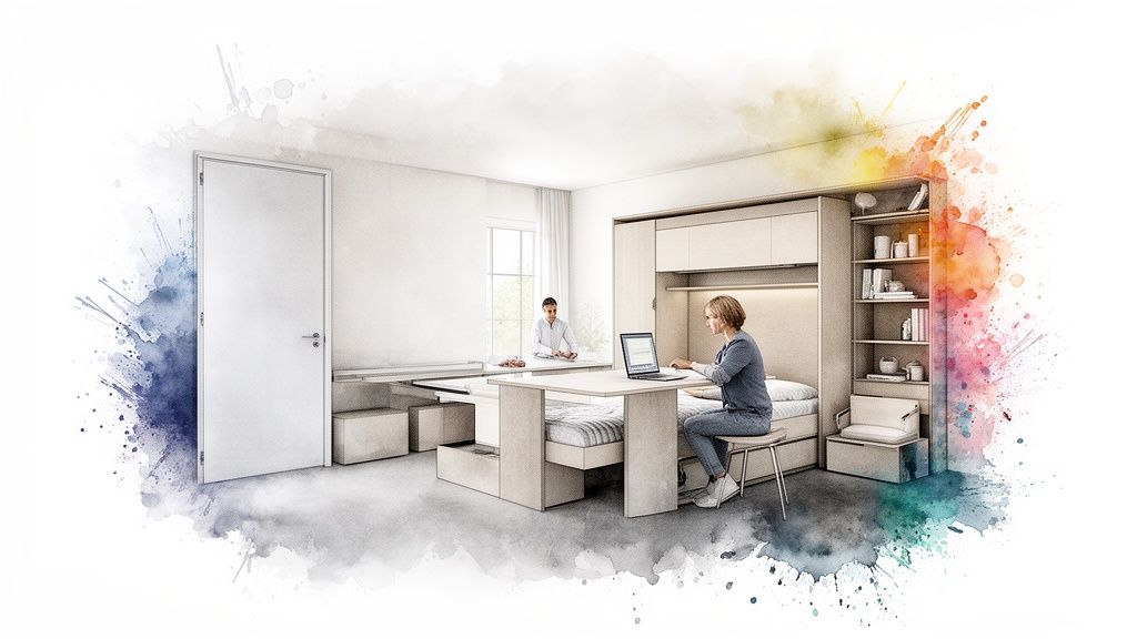 A watercolor-style image of a luxurious, spa-like bathroom with a freestanding tub, walk-in shower, and heated floors.