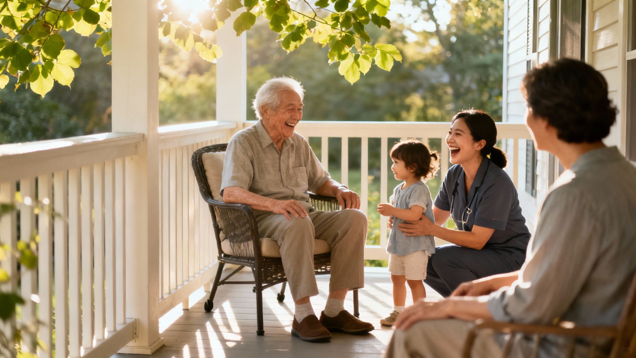 A family member smiles warmly at an older woman sitting in a comfortable chair at home, illustrating family support.