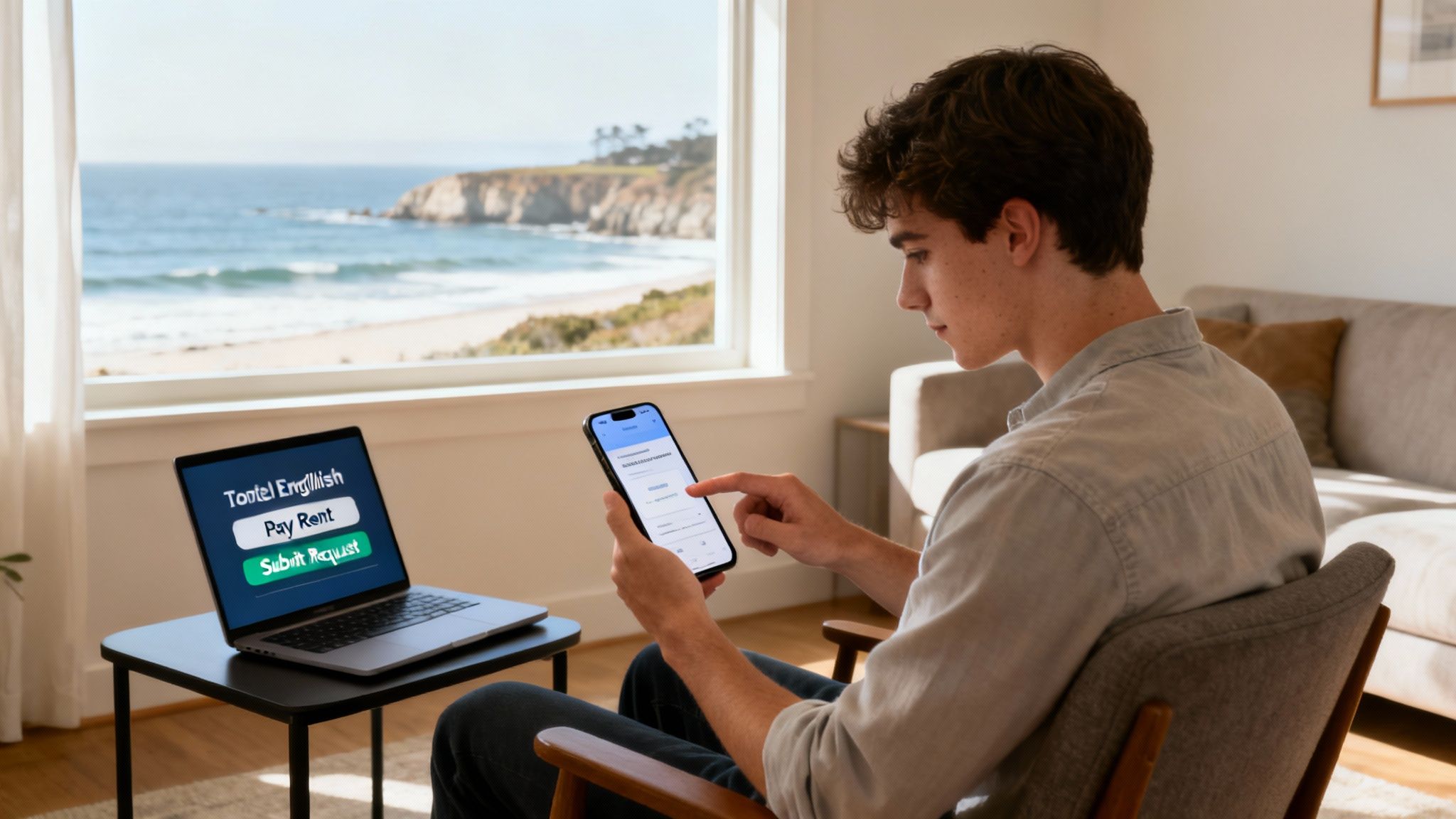 A young man uses his smartphone for online property management, with a laptop showing 'Pay Rent' and a beautiful ocean view.