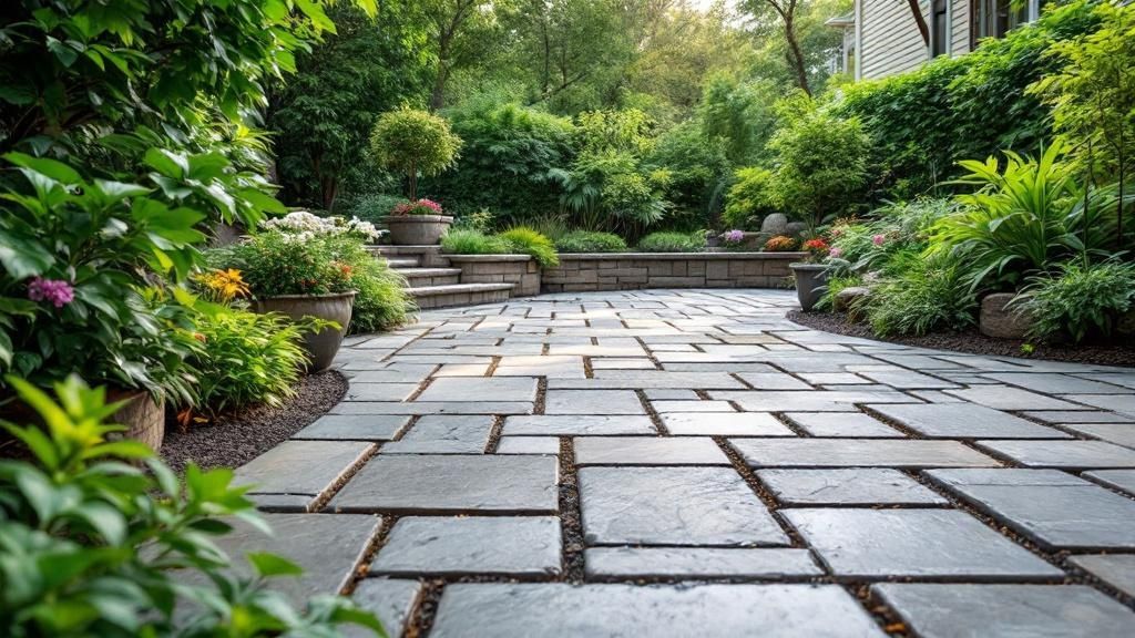 A beautifully designed permeable pavers patio with integrated landscaping, showcasing its aesthetic appeal and functionality.