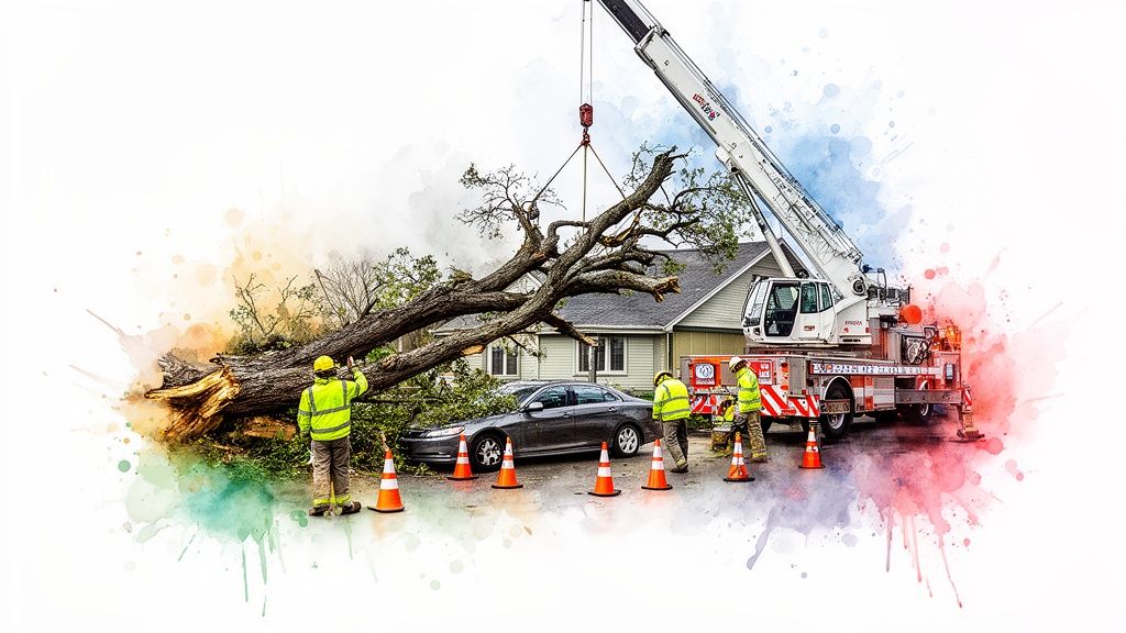 Emergency workers use a crane to remove a massive fallen tree from a house and car.