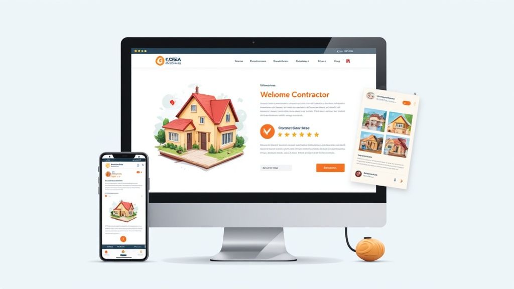 A professionally designed website for a home services contractor shown on a laptop.