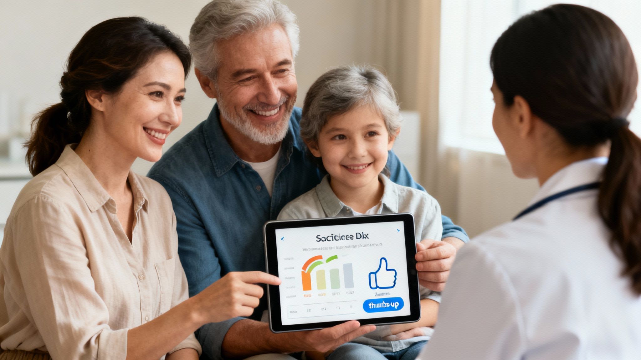 Mother, grandfather, and child at a doctor's office, viewing health information on a tablet.