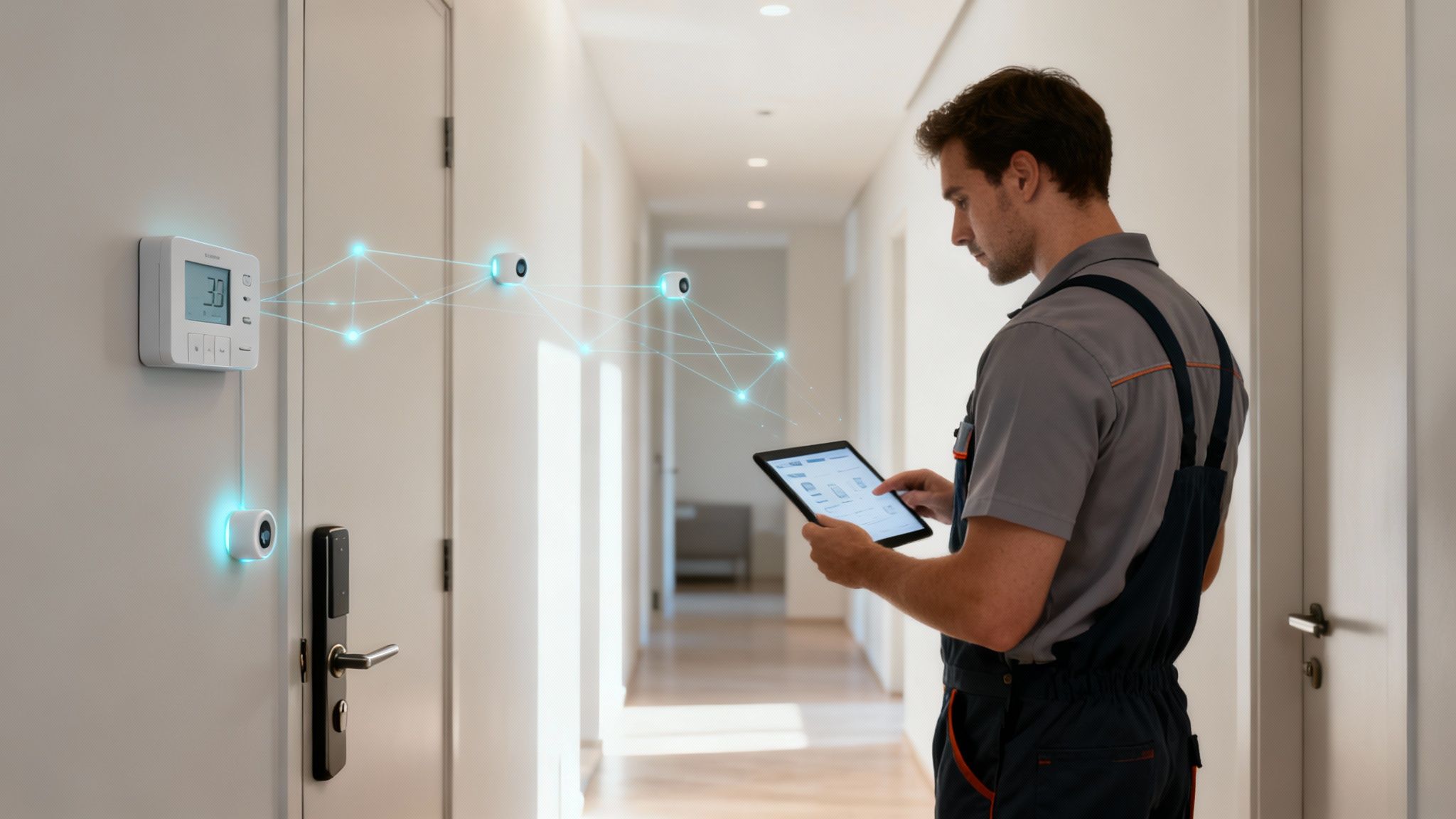 A technician monitors a smart home system in a modern hallway using a tablet.