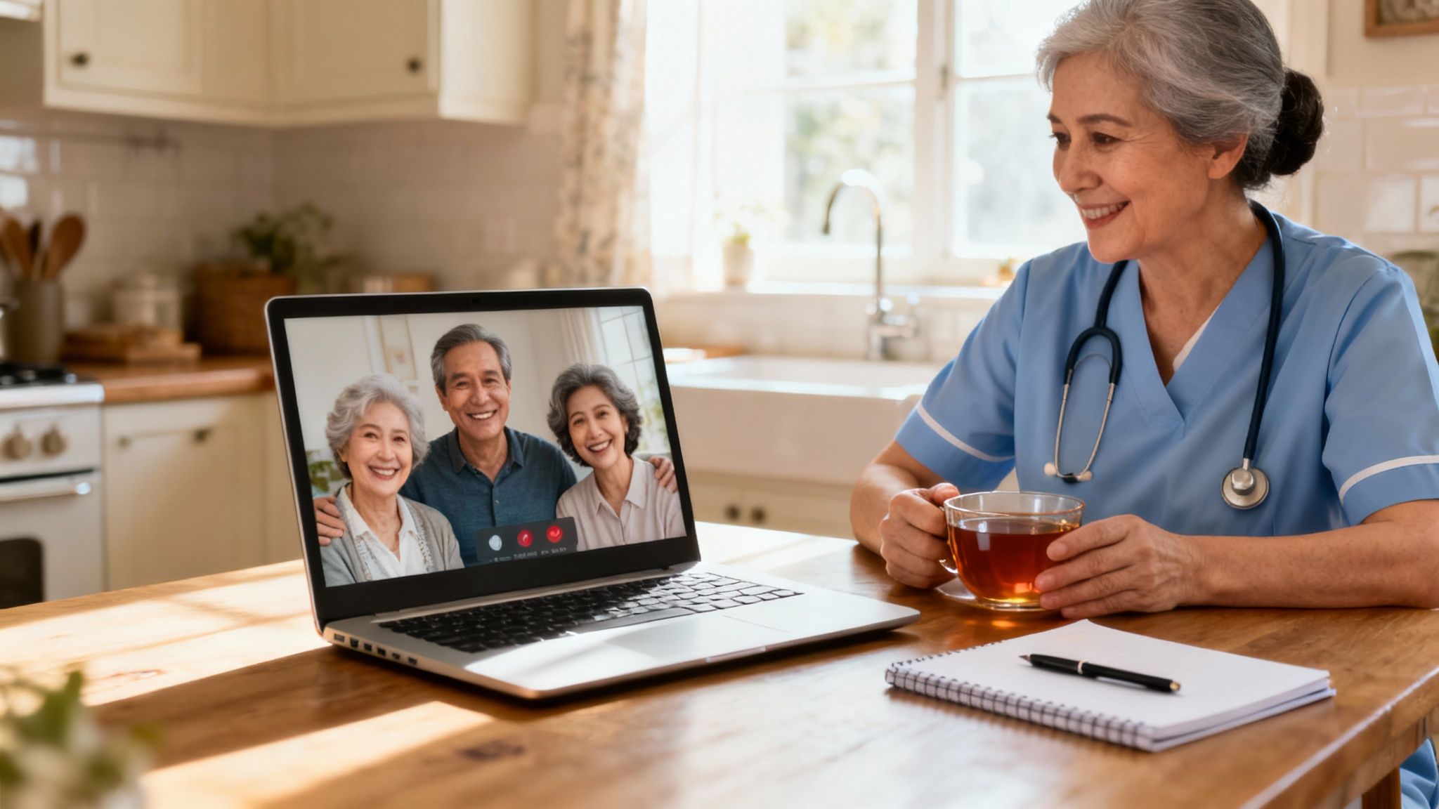 A smiling Asian nurse has a virtual consultation with three elderly patients on a laptop in her kitchen.