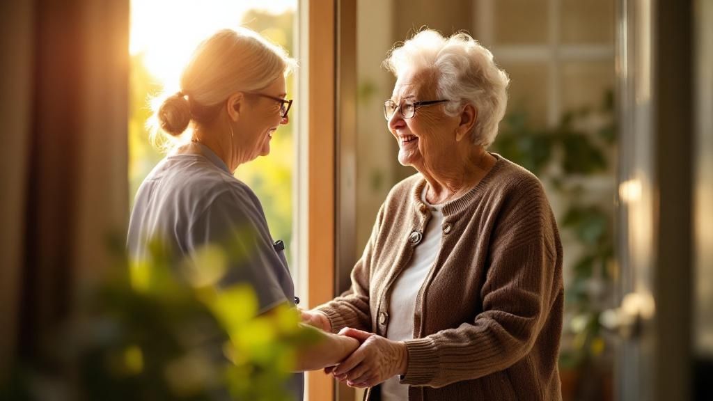 A compassionate home health aide assists an elderly woman in her living room, conveying a sense of warmth and professional care.