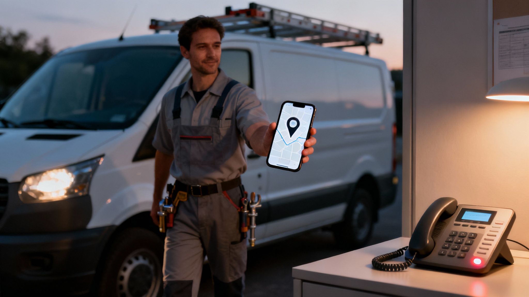 A male technician in overalls holds a phone with a GPS map outside his service van.