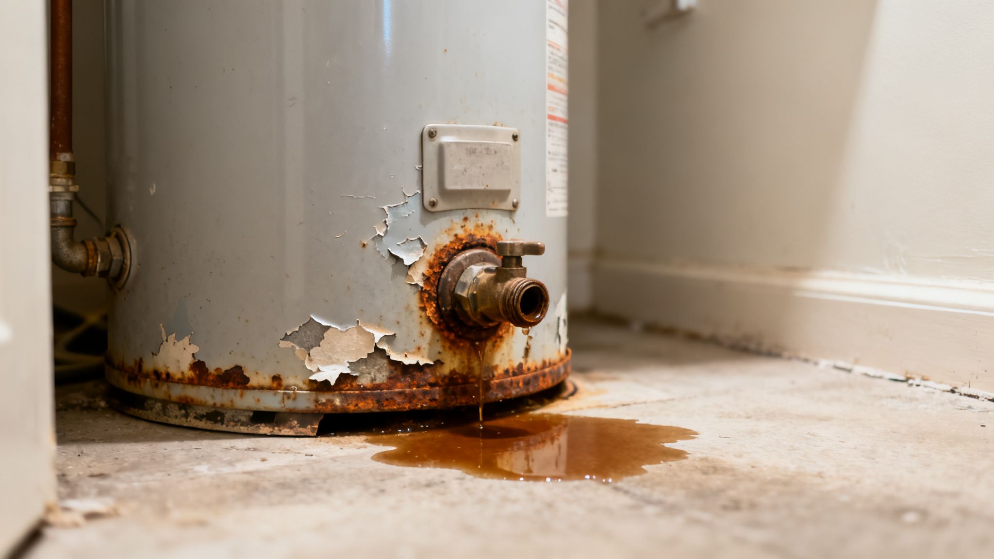 An old, severely rusted water heater with peeling paint is actively leaking brown liquid onto a concrete floor.