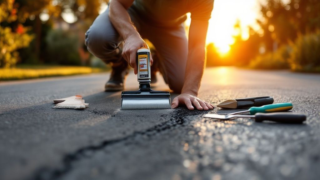 A person applying sealcoat to an asphalt driveway to protect and maintain its surface.