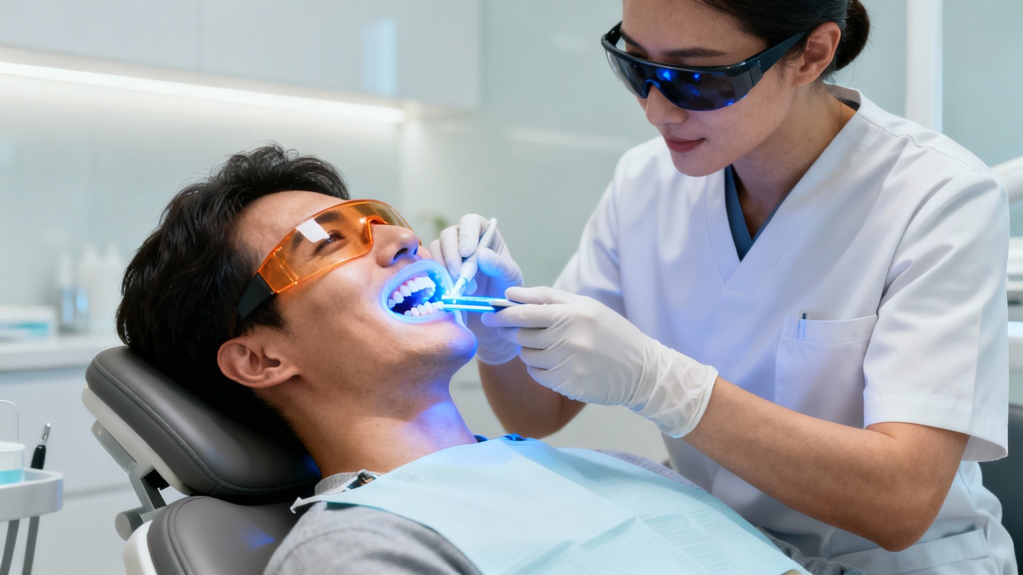 A dentist performs a teeth whitening procedure on a male patient using a blue light.