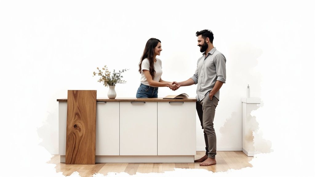 A man and a woman shaking hands over a modern kitchen counter with a vase and book.