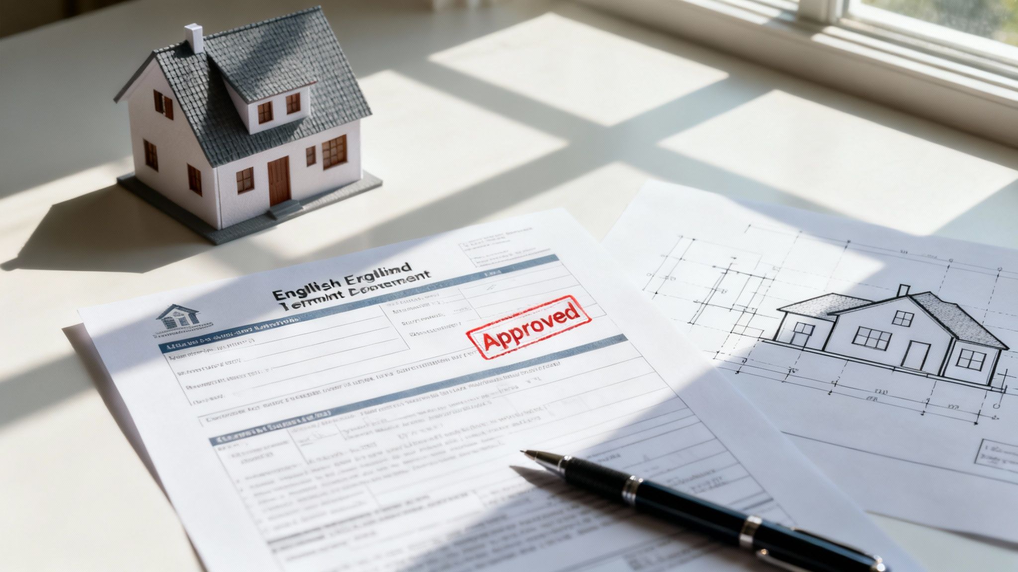 Miniature house model, blueprints, and an 'Approved' document with a pen, signifying home planning.