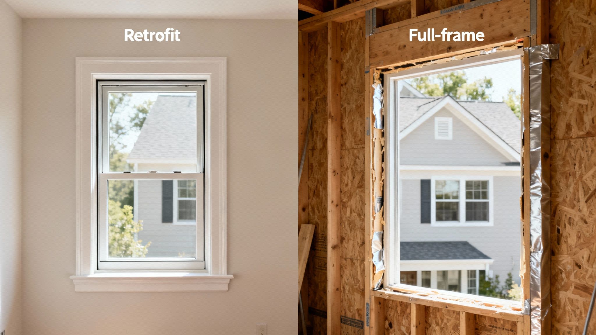 Side-by-side comparison of retrofit and full-frame window installations, showing finished vs. construction stage.