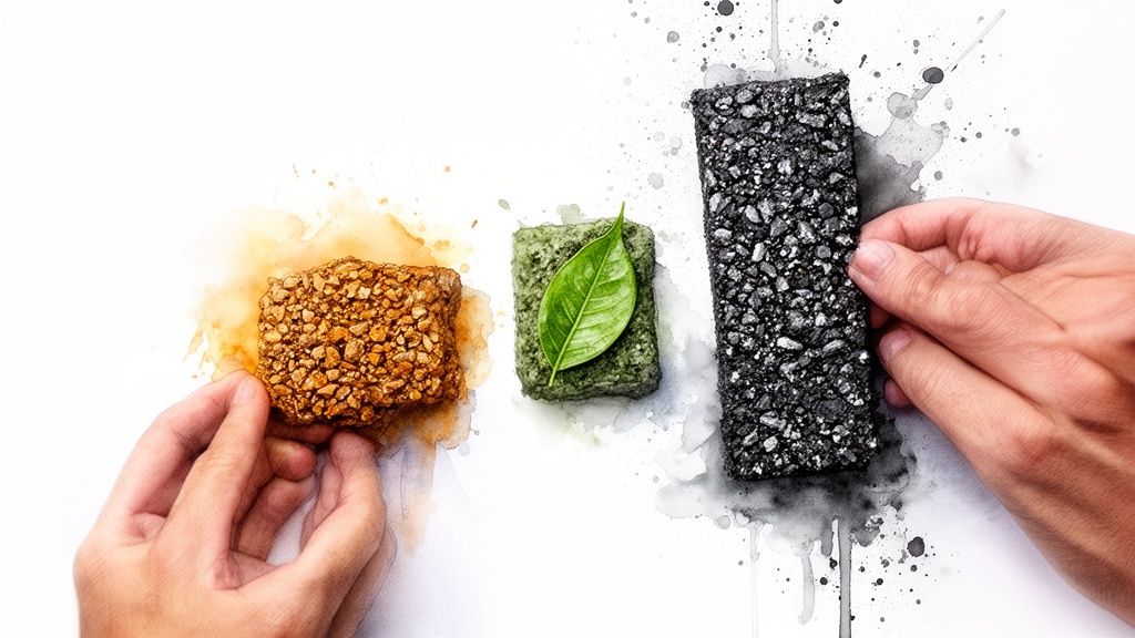 Three distinct paving materials: natural brown, green, and dark asphalt, with watercolor splashes.