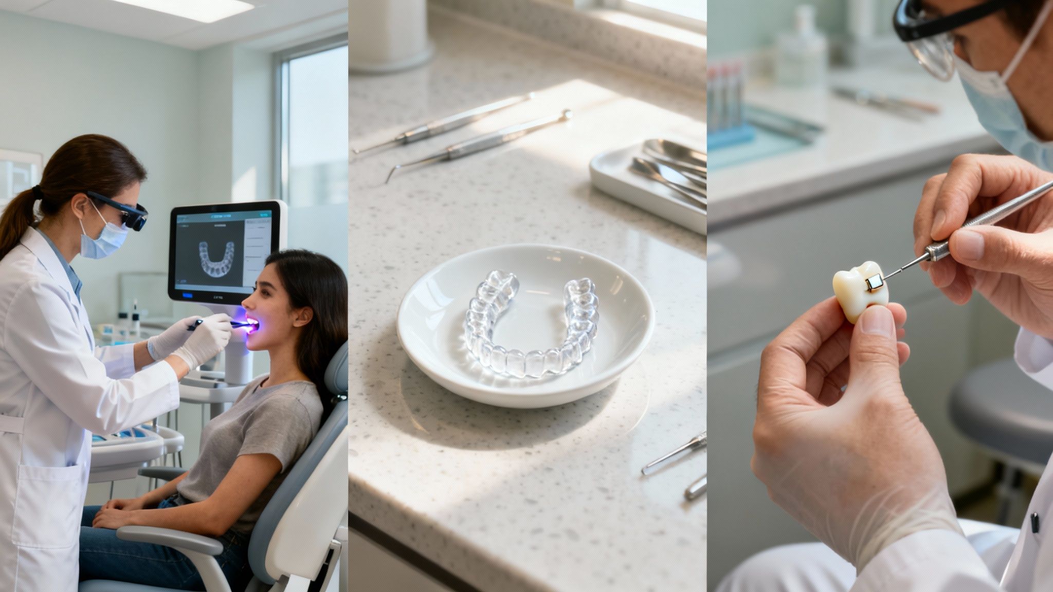 Dentist treating patient, clear aligners on display, and technician working on a dental model.
