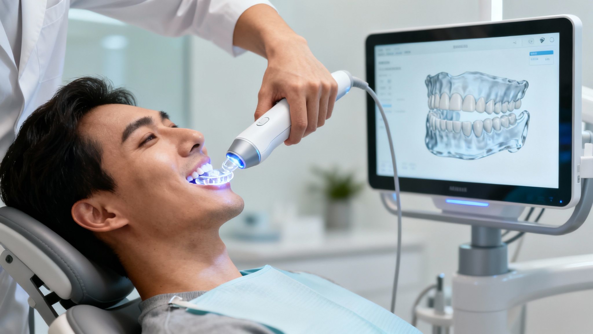 Dentist performs a digital dental scan on a smiling male patient, displaying a 3D teeth model.