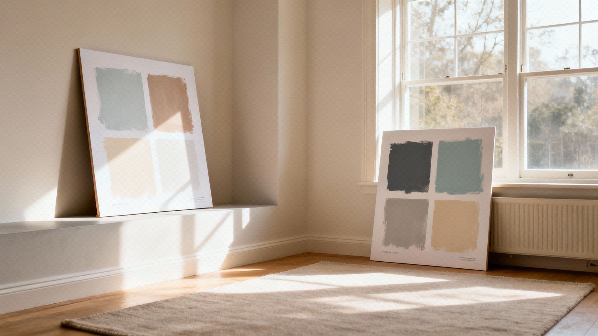 Paint color swatches in muted tones displayed on boards in bright sunny room corner