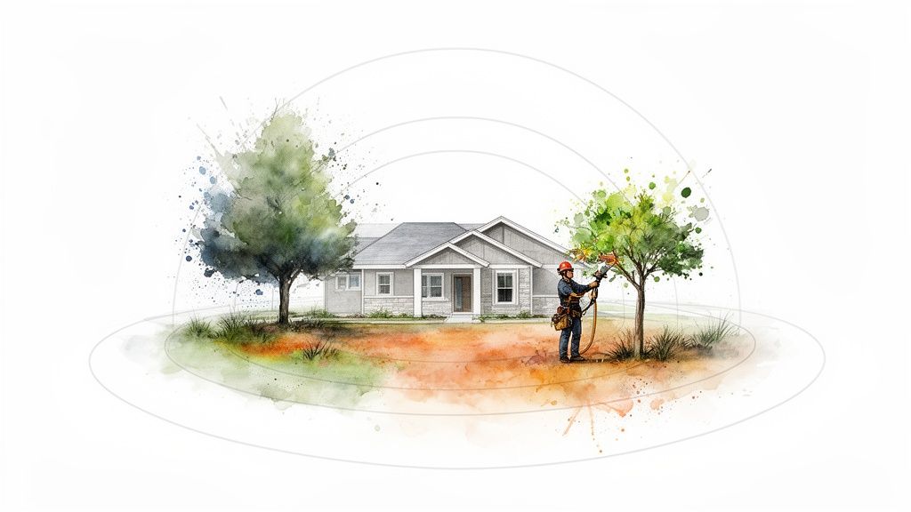 Watercolor illustration of a house with trees, one being pruned for fire mitigation.